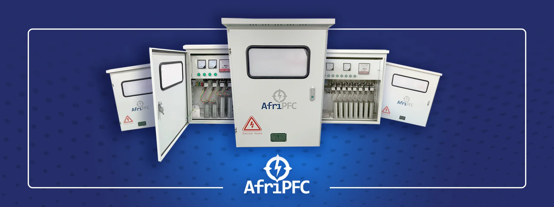 A row of AfriPFC power factor correction panels, open and closed