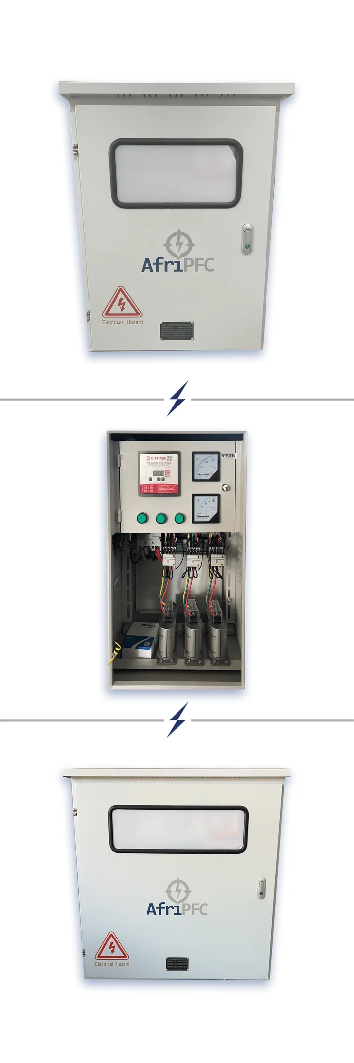 Three AfriPFC correction panels: closed, open showing capacitors, and a wall-mounted unit